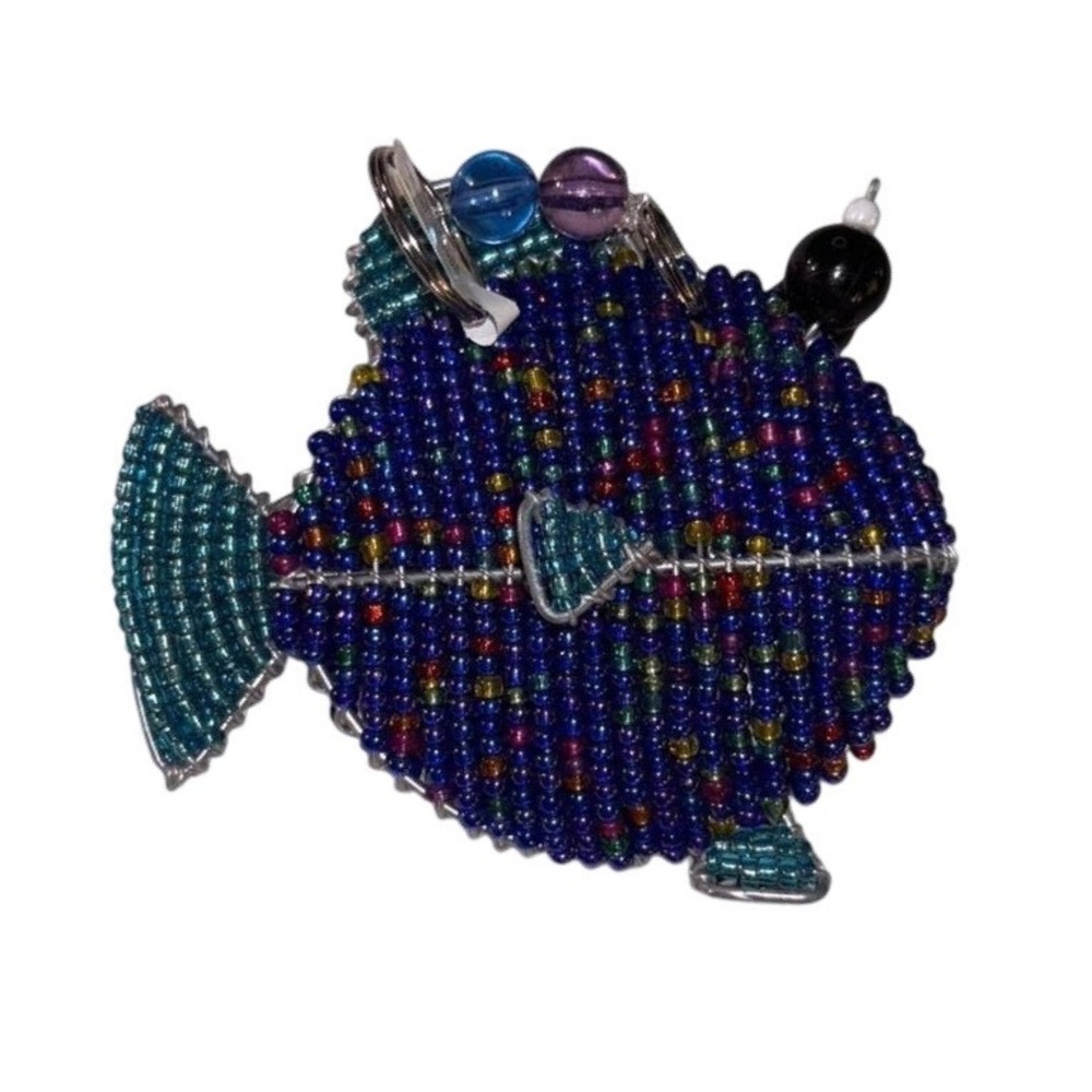 Handmade Beaded Fish Keychain Blue Teal Seed Bead Wire Art Bag Charm Tropical